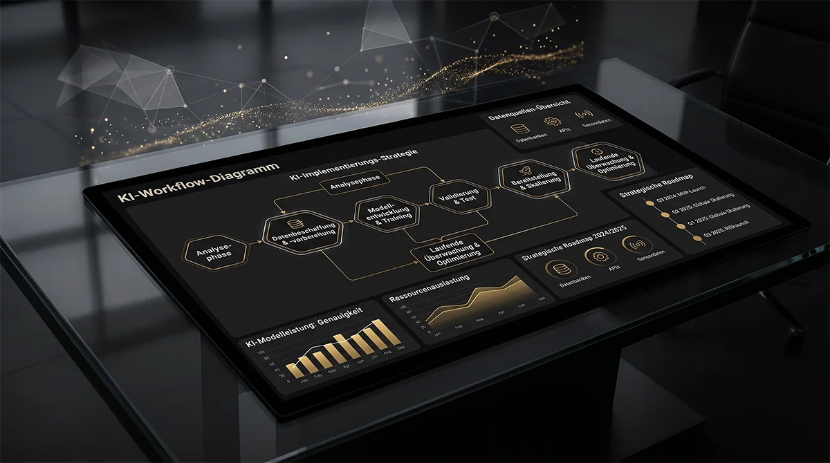 KI Agenten Workflow-Diagramm: Implementierungsstrategie für autonome AI Agents – Analysephase, Modellauswahl, Training, Validierung, Deployment – 