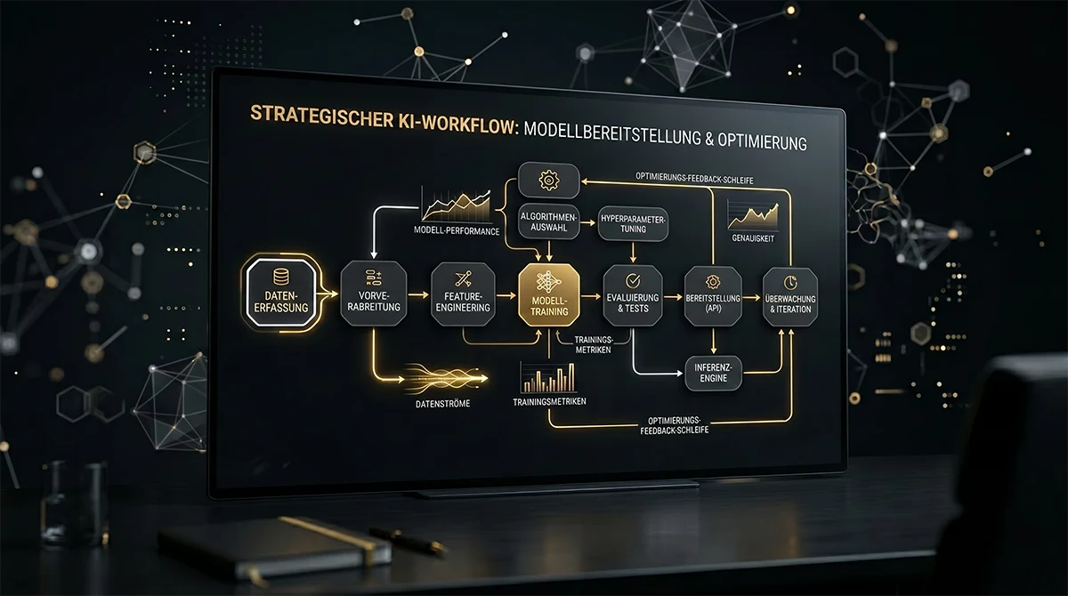 KI Automation Workflow: Strategischer KI-Implementierungsprozess – Datenerfassung, Feature-Engineering, Modelltraining, Evaluierung, Deployment – KISO