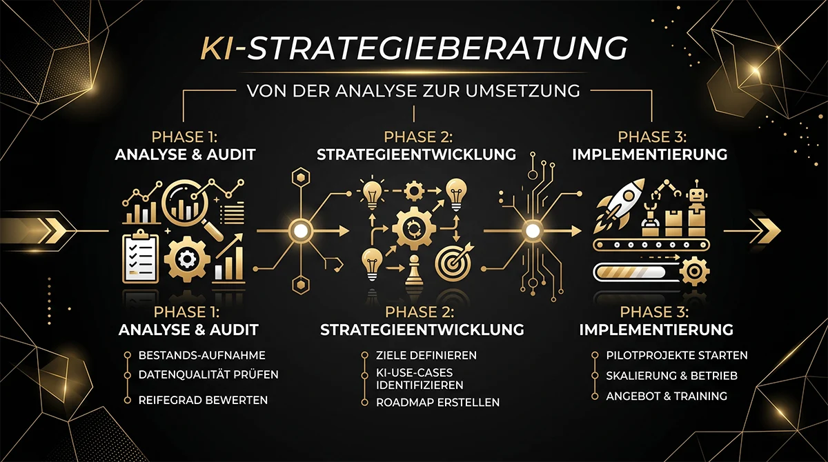 KI Beratung für Unternehmen: 3-Phasen Strategieprozess – Analyse & Audit, Strategieentwicklung, Implementierung – 