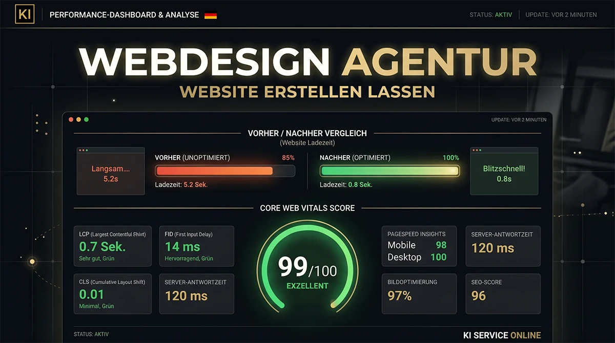 High Performance Website Ladezeit Vergleich: vorher 5,2s, nachher 0,8s, Core Web Vitals 99/100, PageSpeed Mobile 98, Desktop 100, 